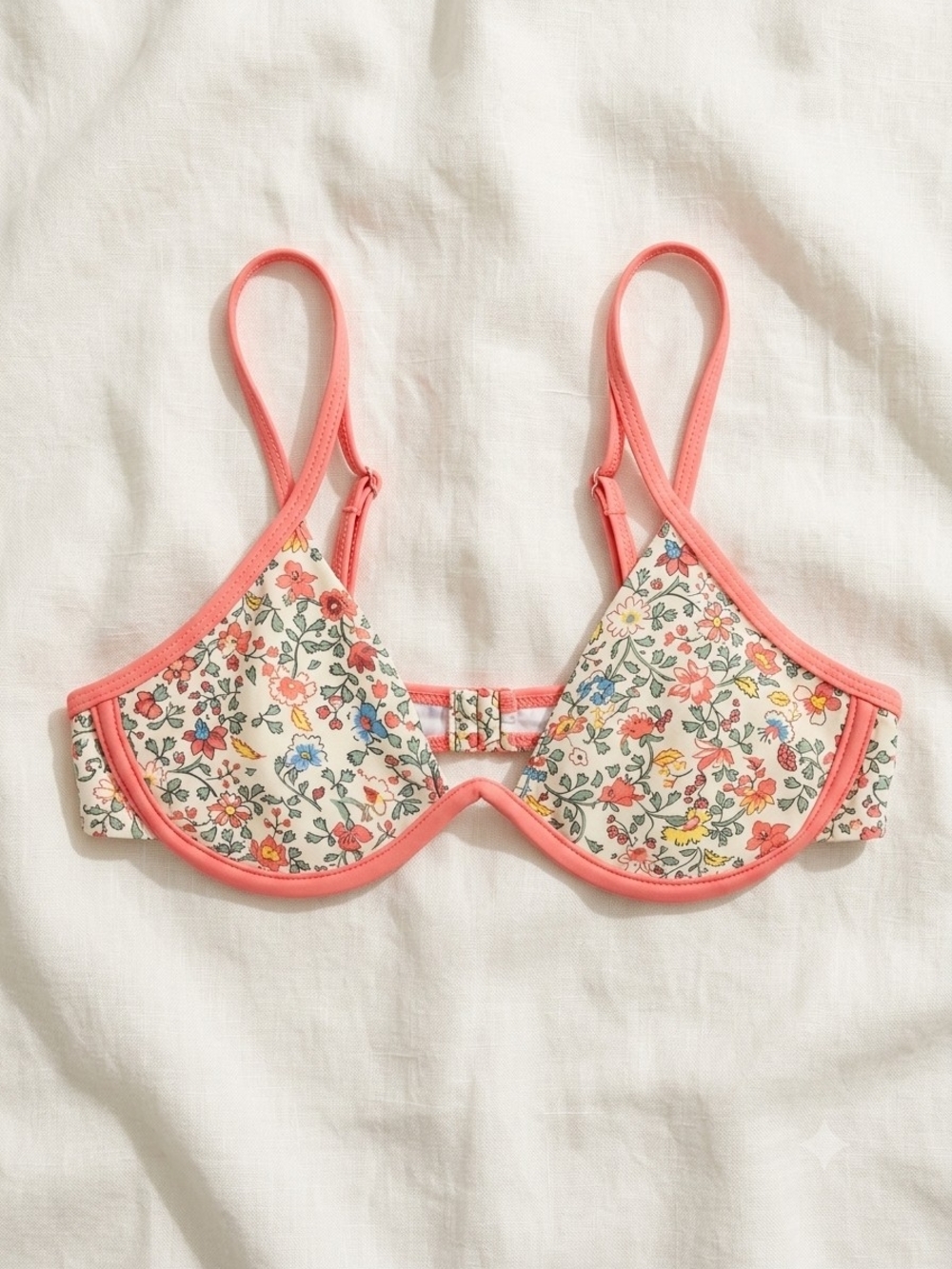 Floral Underwire Bikini Top with Coral Trim